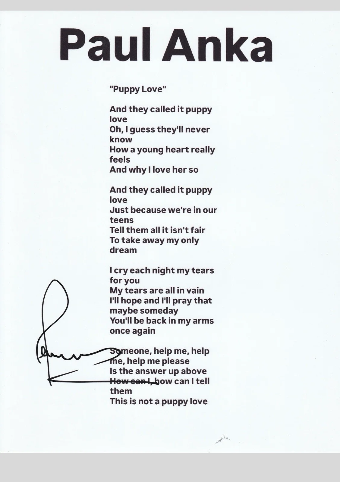 paul anka signed music lyric sheet 8x5 11 Autographed sheet w/proof, изображение 2