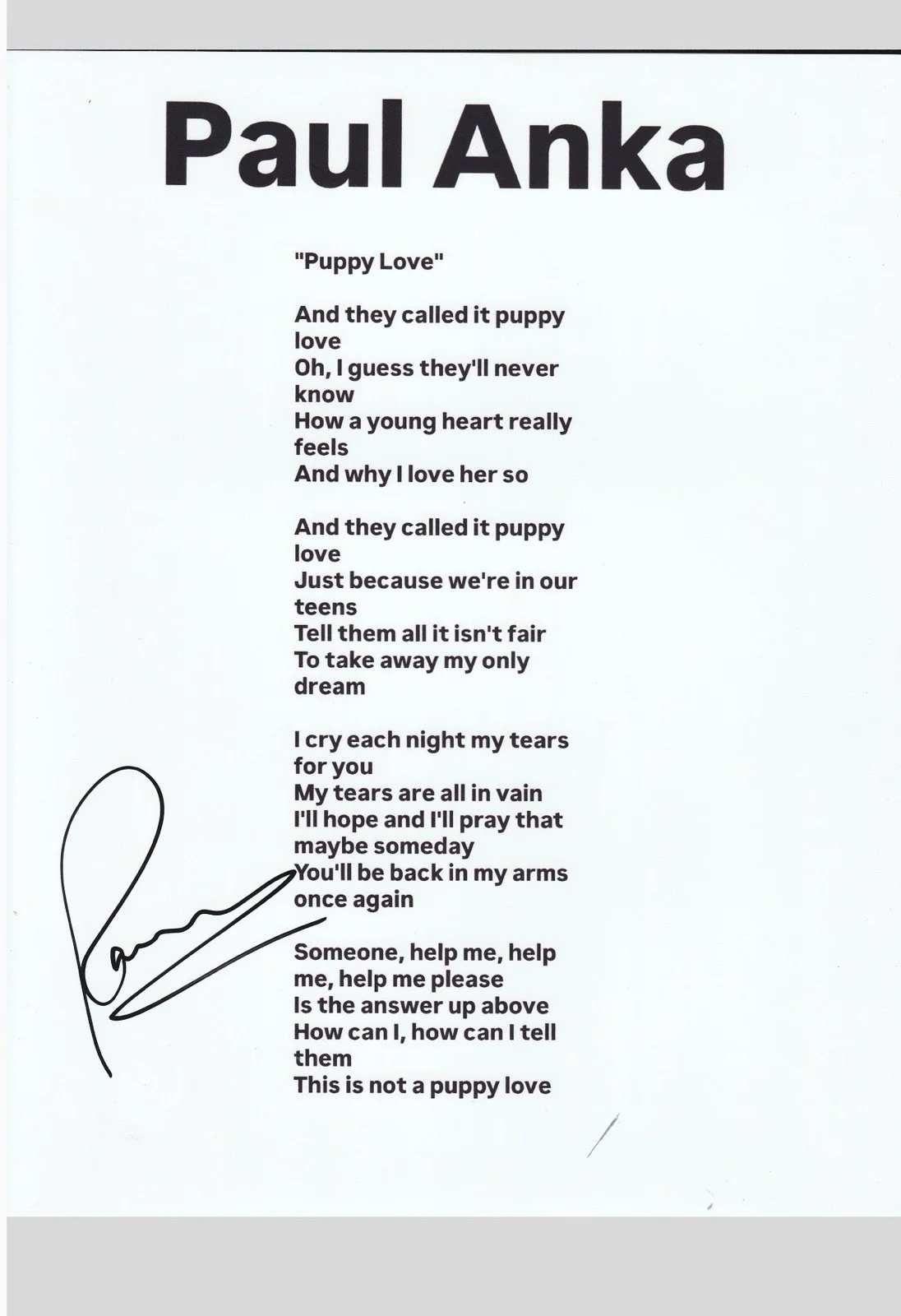 paul anka signed music lyric sheet 8x5 11 Autographed sheet w/proof 6, image 2