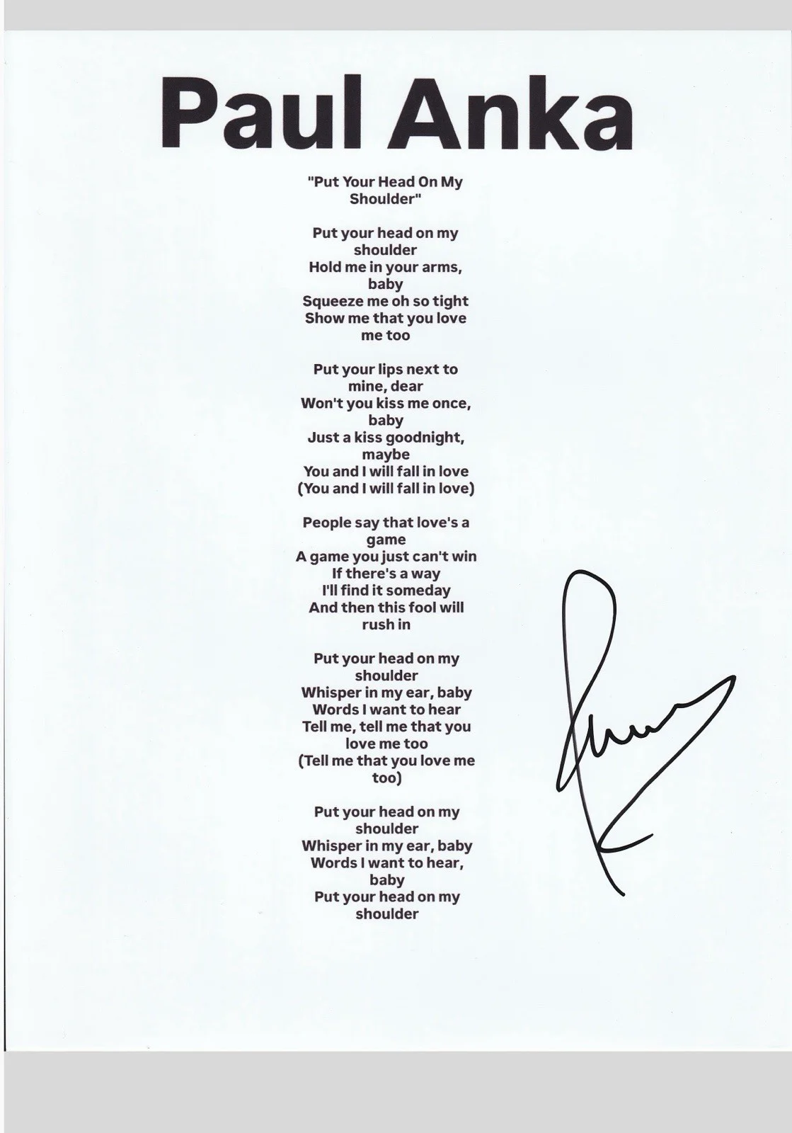 paul anka signed music lyric sheet 8x5 11 Autographed sheet w/proof 2, изображение 2
