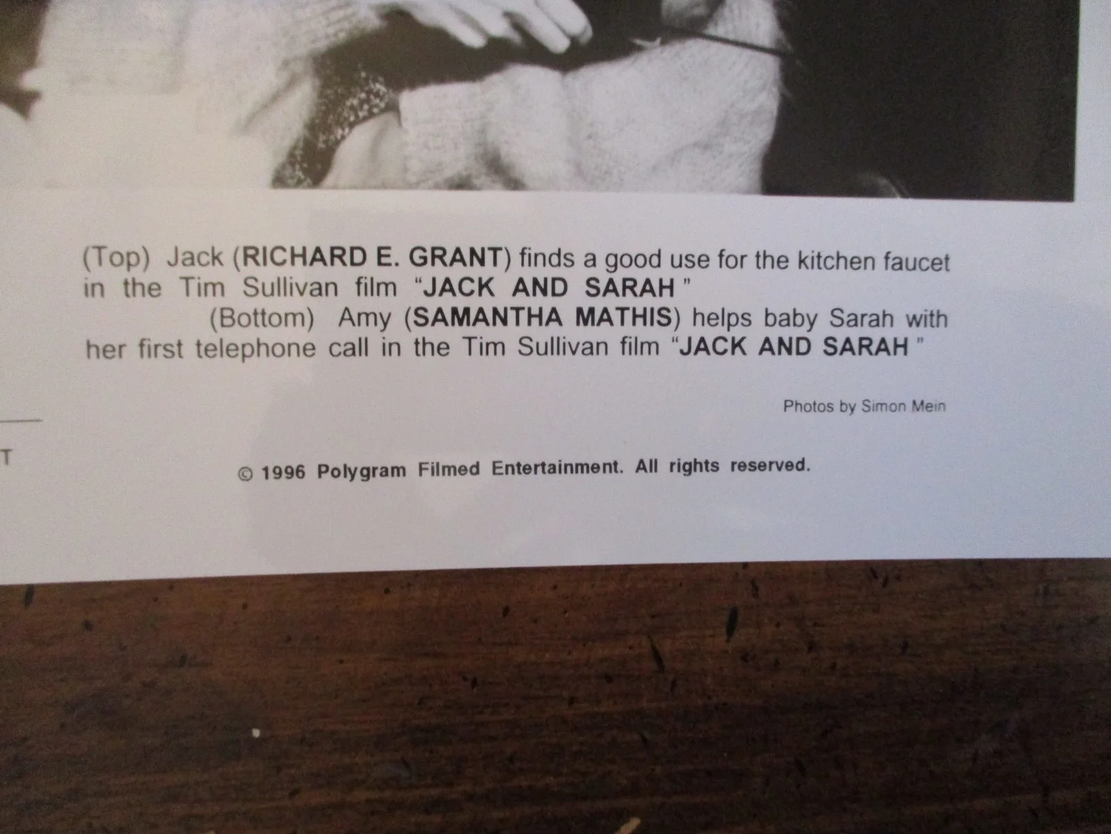 Samantha Mathis/Richard E. Grant("JACK AND SARAH")1996 8 x 10 B & W Press Photo, изображение 3