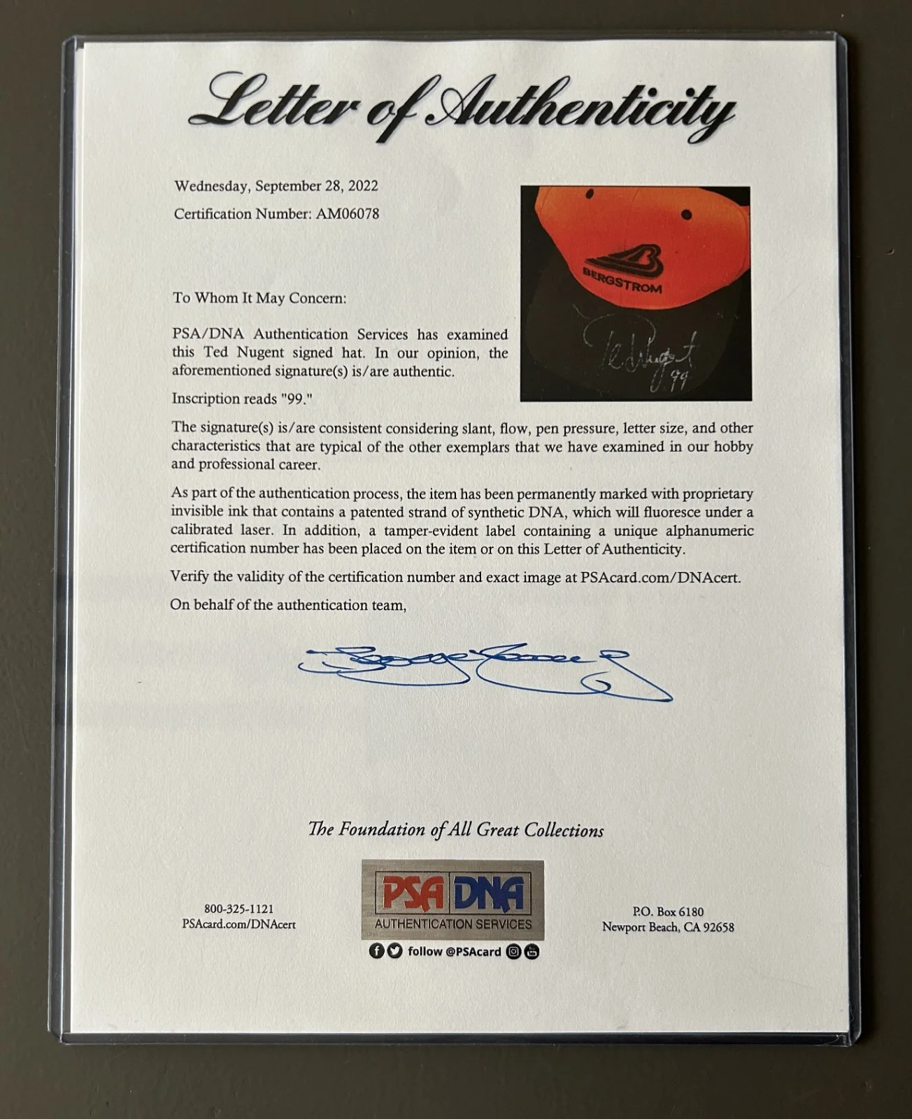 Signed Hat By Ted Nugent - One Of A Kind - 1999 - PSA, image 4