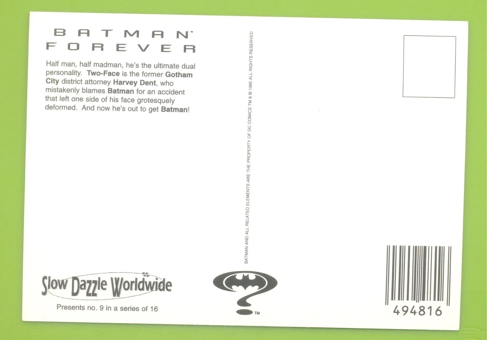 BATMAN FOREVER.HARVEY DENT.POSTCARD, image 2