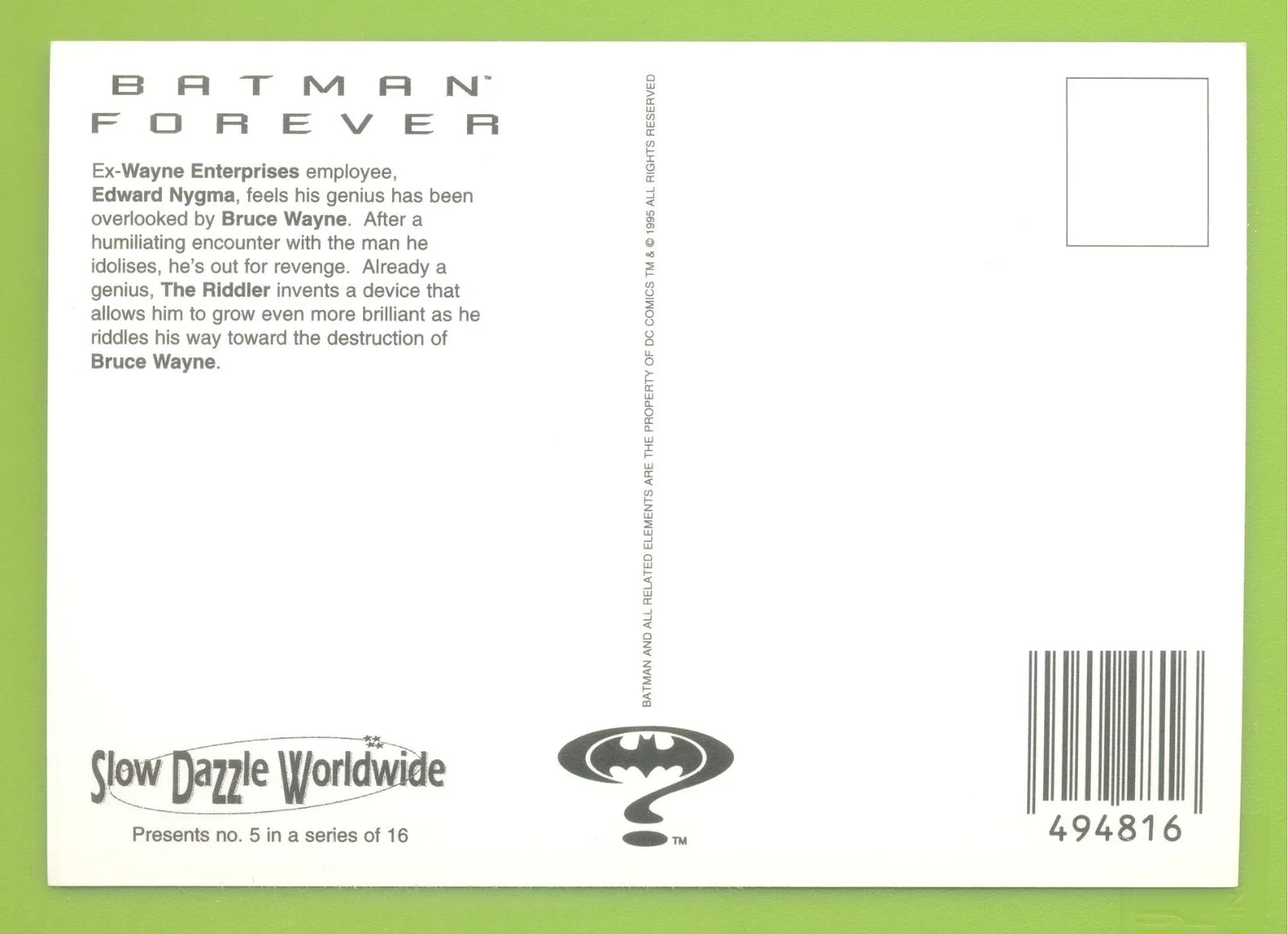 BATMAN FOREVER.THE RIDDLER.POSTCARD, image 2