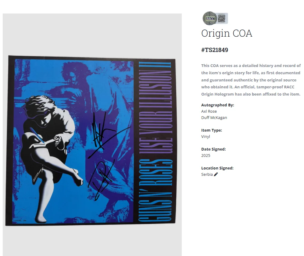Guns N Roses Use Your Illusion II Axl Rose Duff Signed Autographed Vinyl LP wCOA, image 2