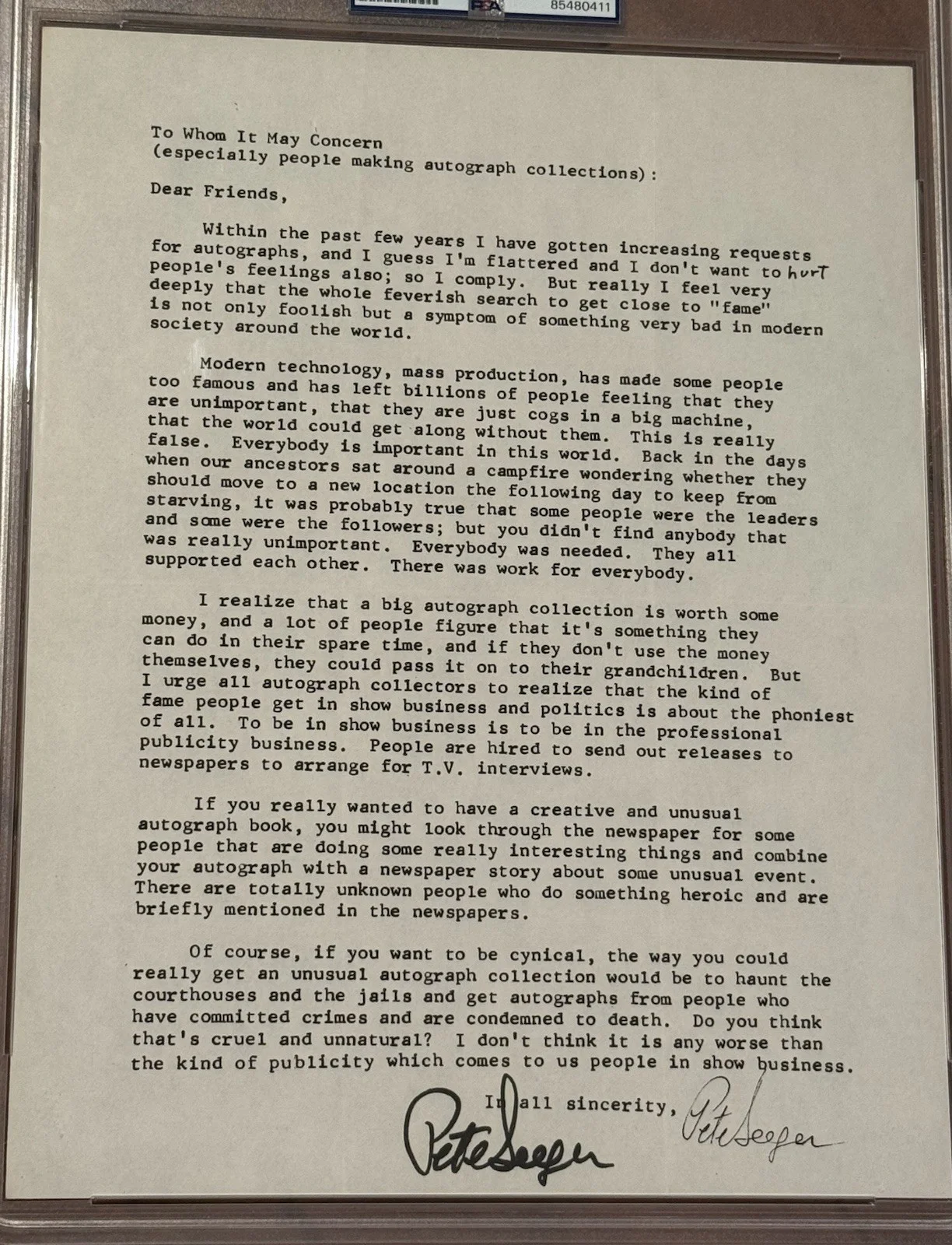 Pete Seeger Signed Letter TLS Interesting Content PSA Authentic Autograph, image 2