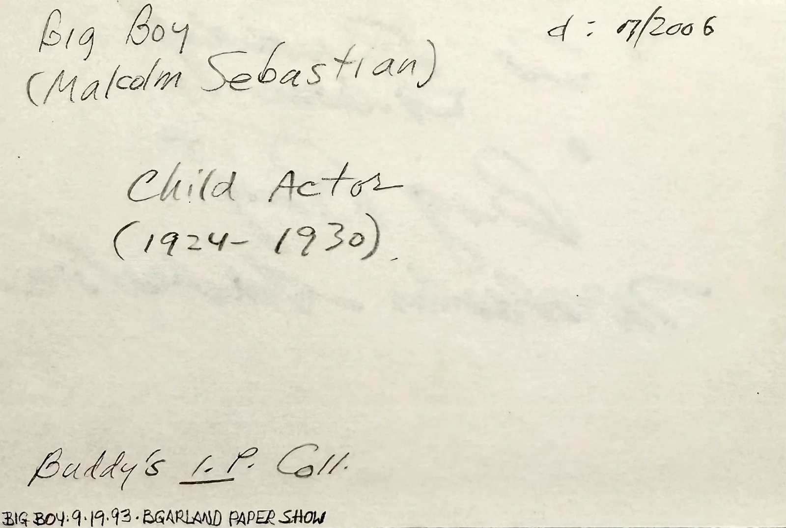 Malcolm Sebastian/ Malcolm W. Sabiston — BIG BOY MALCOLM SABISTON/ SEBASTIAN Signed Autograph 4x6 INDEX CARD CHILD ACTOR, изображение 3