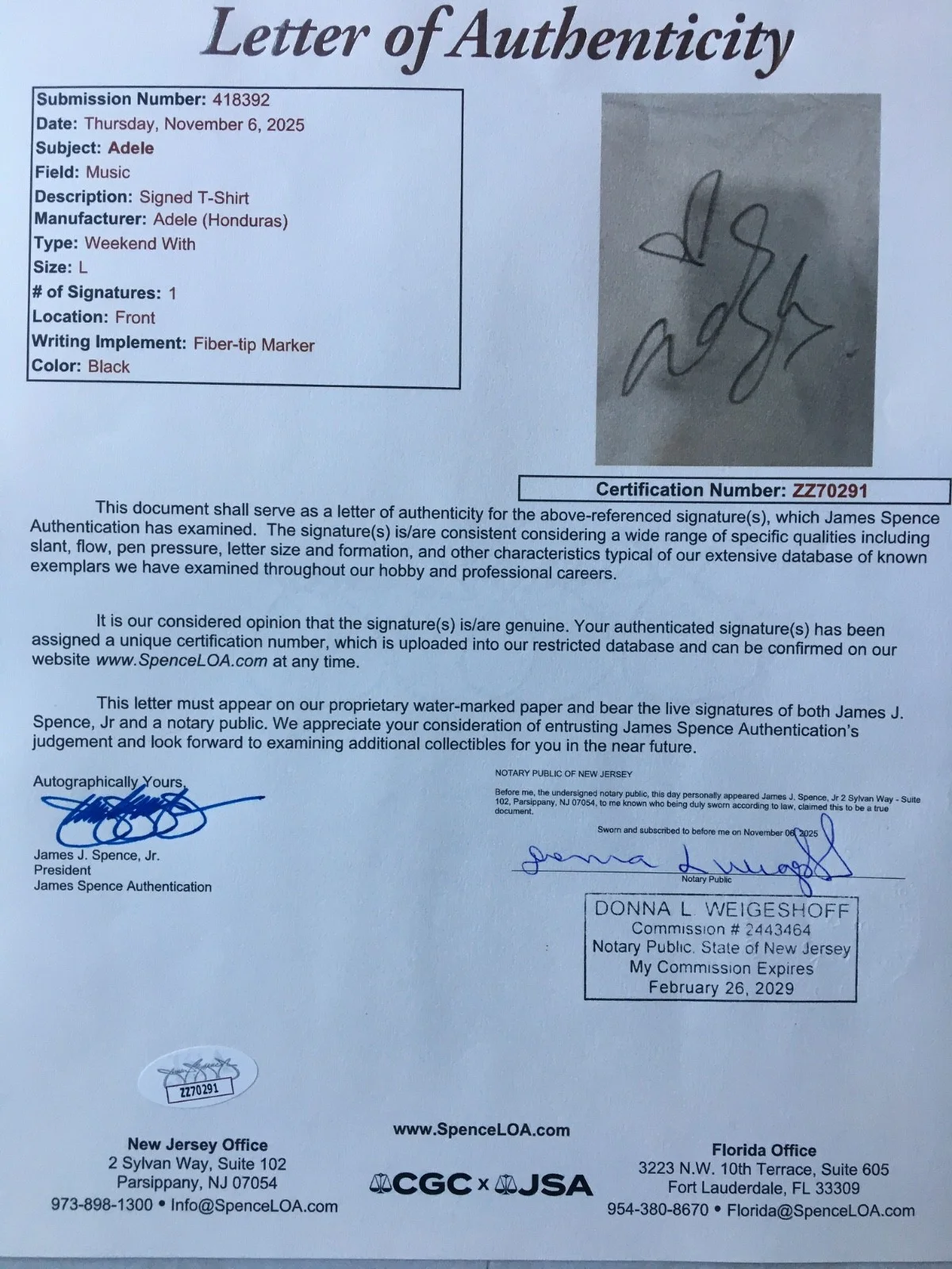 Weekends With Adele Signed Vegas Shirt JSA COA LOA RARE AUTOGRAPH ! No CD Vinyl, изображение 3