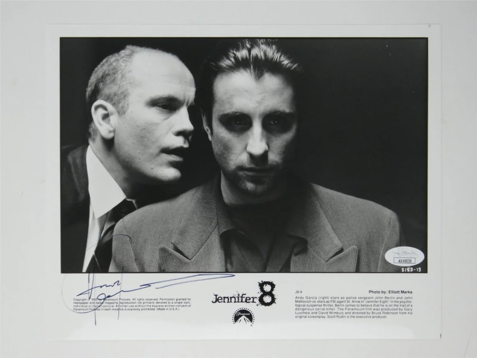 Andy Garcia — Andy Garcia Signed B&W 8x10 Promo Photo Jennifer 8 Autographed JSA COA, изображение 2