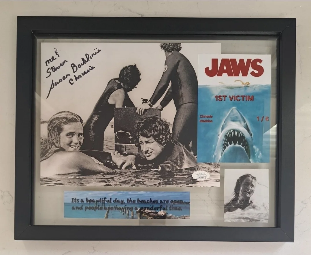 SUSAN BACKLINIE Signed & Inscribed 8x10 Jaws Spielberg Photo Floating Framed JSA, image 2