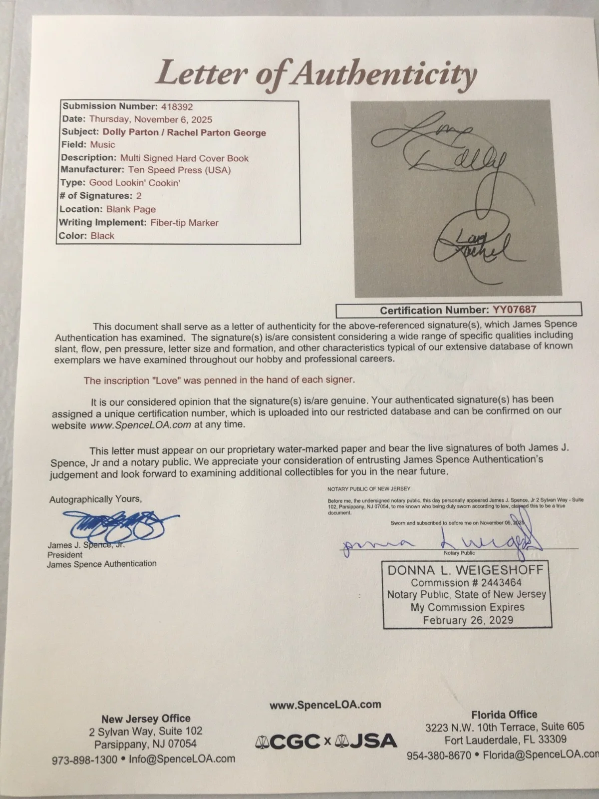 Dolly Parton Rachel Signed Good Lookin Cookin Cook Book JSA COA LOA No Vinyl, изображение 4