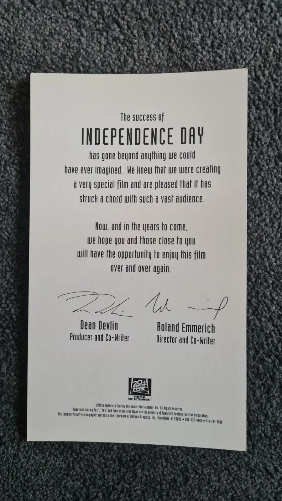 1996 ID4 Independence Day Success Promo 3D Hologram Insert Card - Fox, image 2