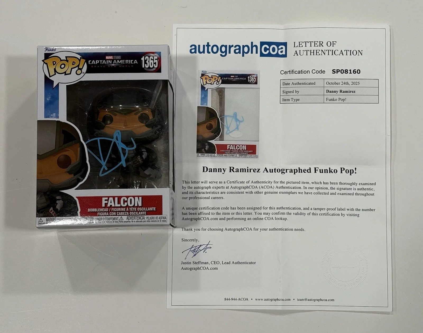 Danny Ramirez — Danny Ramirez Signed Falcon Marvel Captain America Funko Pop #1365 Autograph COA, изображение 5