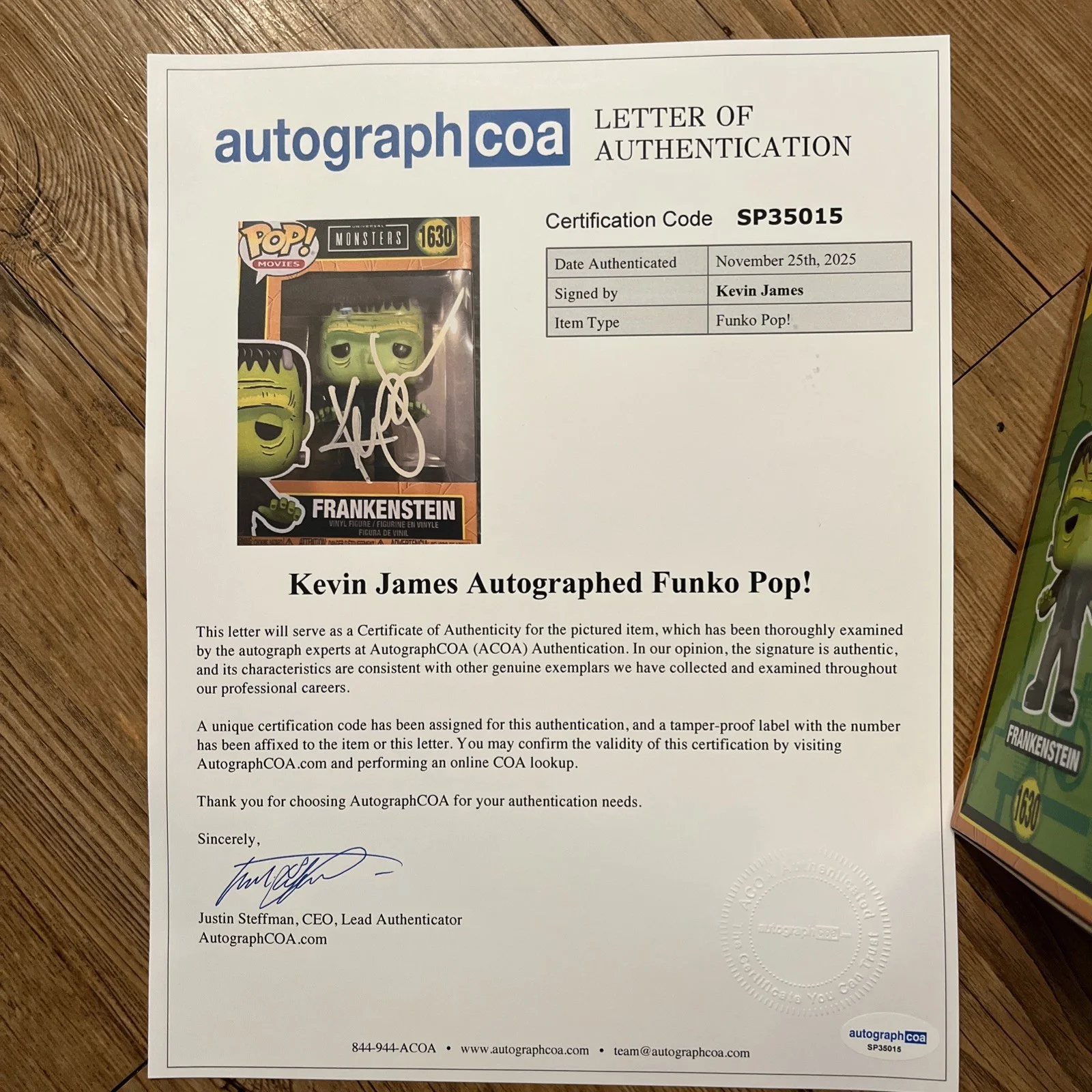 Kevin James — Kevin James Signed Autograph #1630 Frankenstein Funko Pop! figure ACOA LOA RARE, image 3