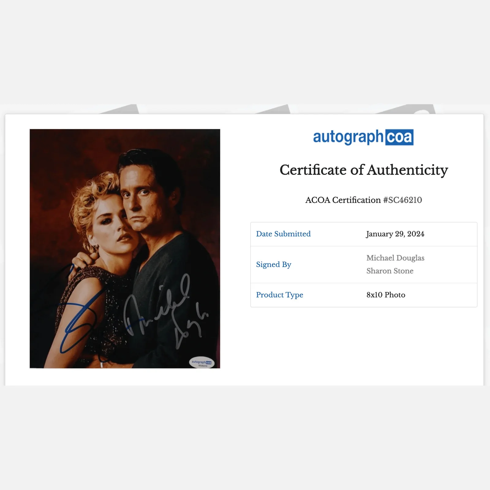 MICHAEL DOUGLAS, SHARON STONE autograph ACOA signed 8x10 — MICHAEL DOUGLAS & SHARON STONE autograph ACOA signed 8x10 photo BASIC INSTINCT, image 2