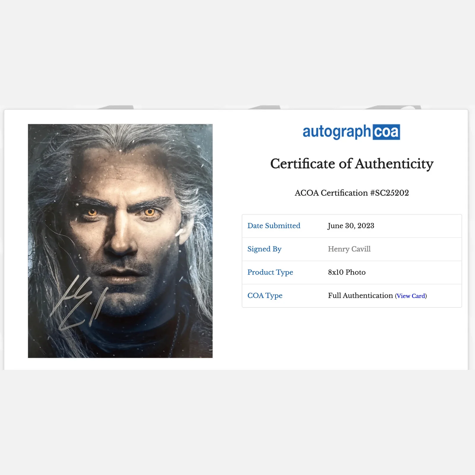 HENRY CAVILL autograph ACOA signed 8x10 photography THE WITCHER — HENRY CAVILL autograph ACOA signed 8x10 photography THE WITCHER, изображение 2