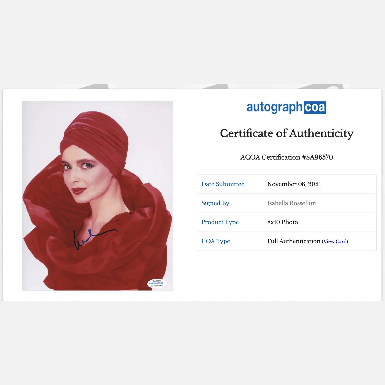 ISABELLA ROSSELLINI autograph ACOA signed 8x10 photography — ISABELLA ROSSELLINI autograph ACOA signed 8x10 photography, image 2