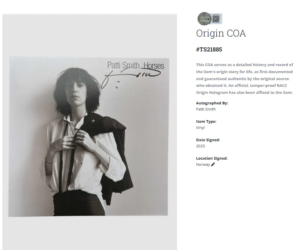 Patti Smith Horses Autographed Signed Album Vinyl Record LP w/COA, изображение 2