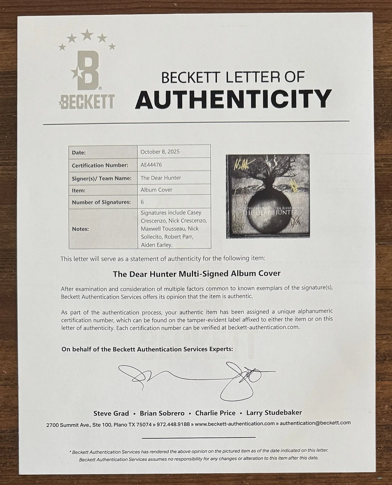 SIGNED THE DEAR HUNTER ACT I VINYL LP BAS BECKETT COA AUTOGRAPH Lake South North, изображение 3
