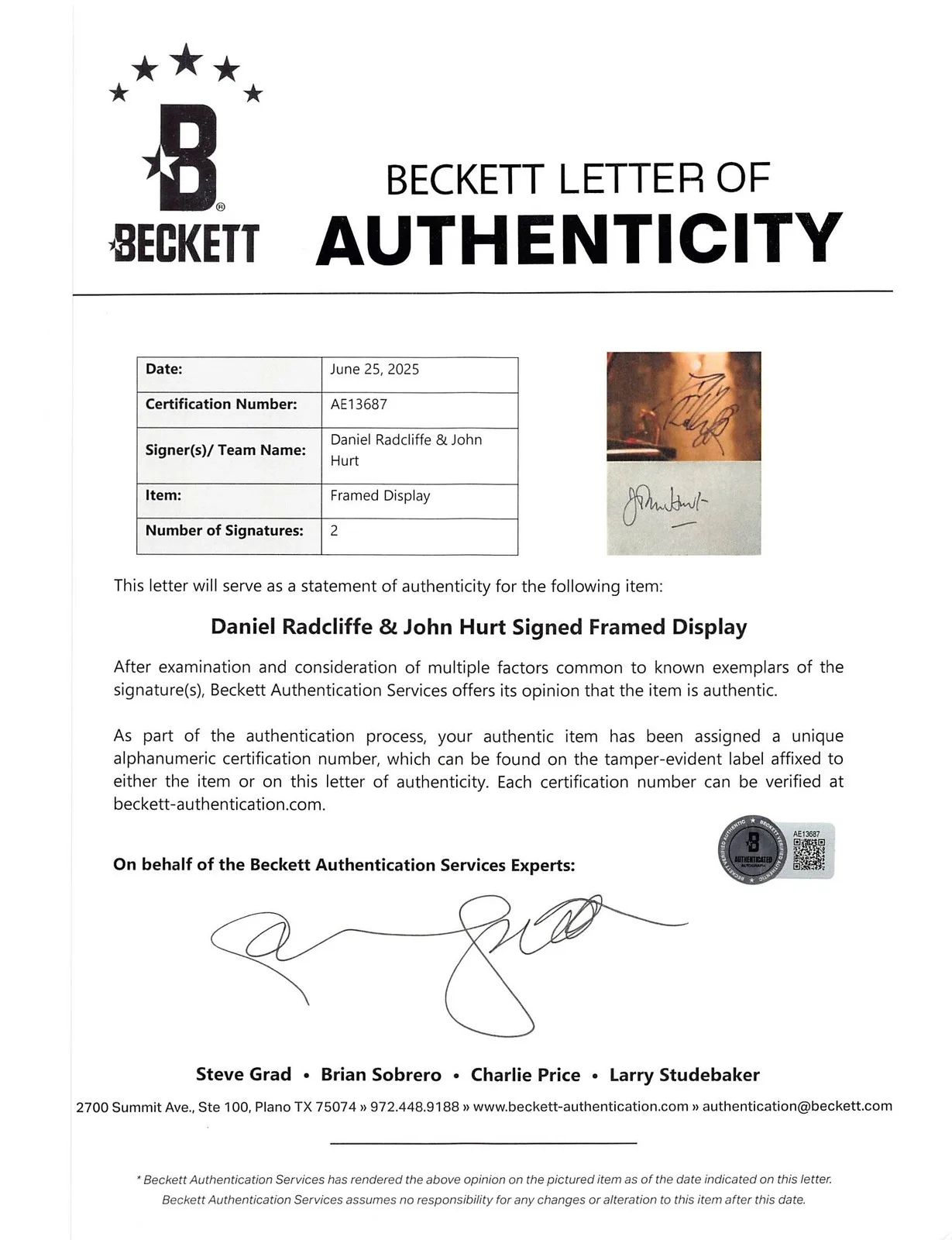 Daniel Radcliffe, John Hurt — Daniel Radcliffe & John Hurt Harry Potter Signed Framed Display BAS #AE13687, image 4