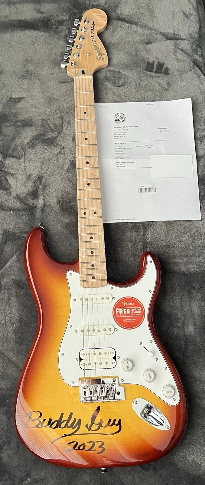 Buddy Guy beautifully hand signed autographed NEW Fender Squier sunburst guitar, image 3