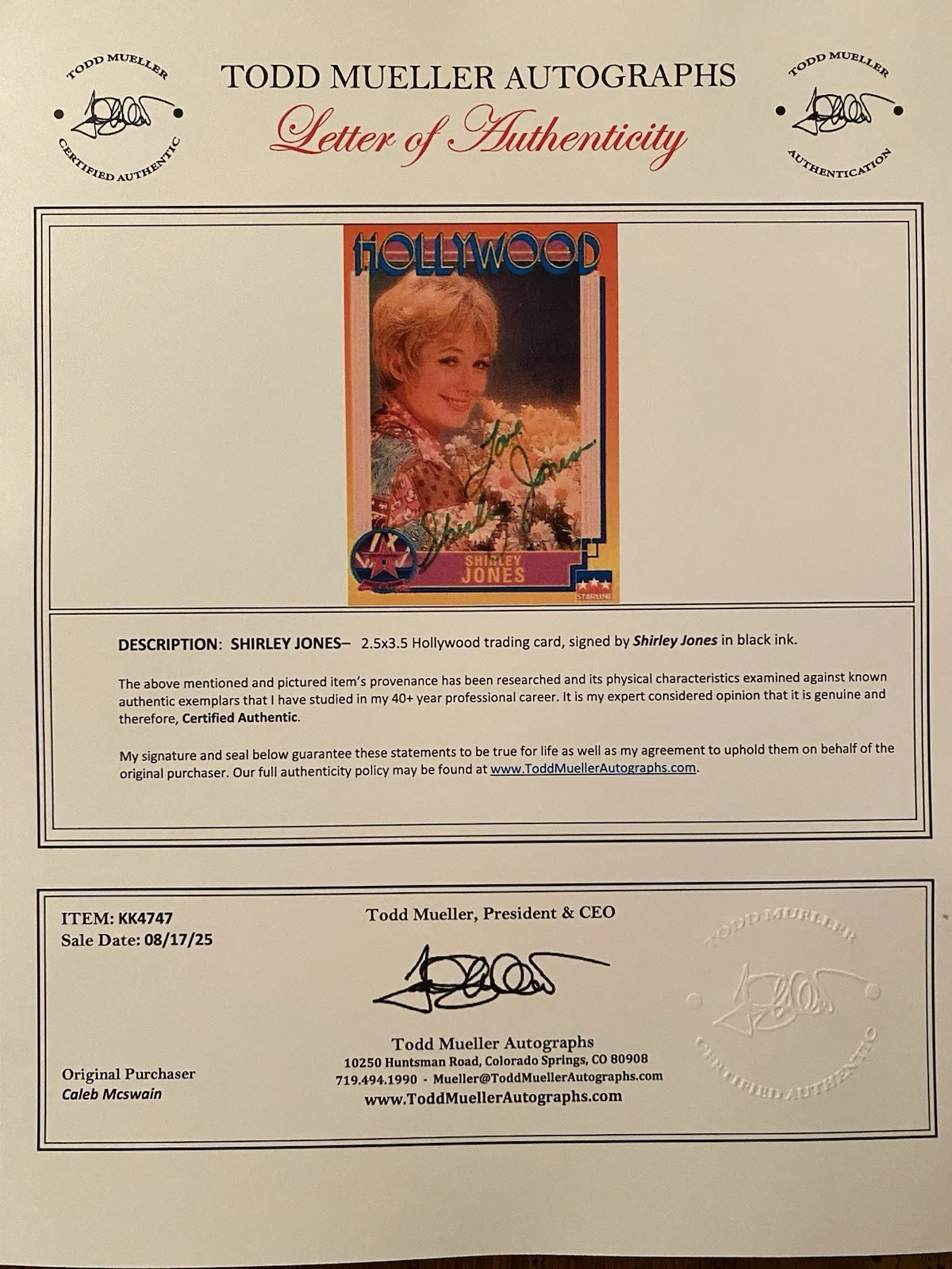 Shirley Jones — Shirley Jones Signed Autographed Hollywood Walk Of Fame Card With COA Partridge, изображение 5