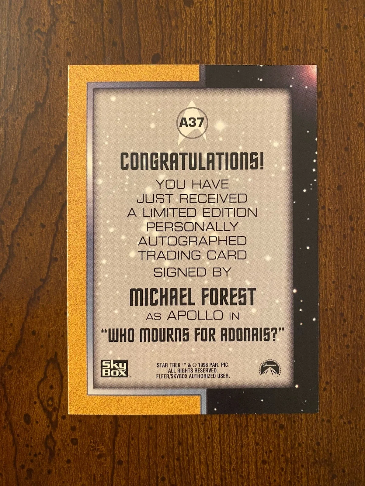Michael Forest — Michael Forest Signed Autographed 1998 Star Trek TOS Trading Card Skybox Apollo, image 4