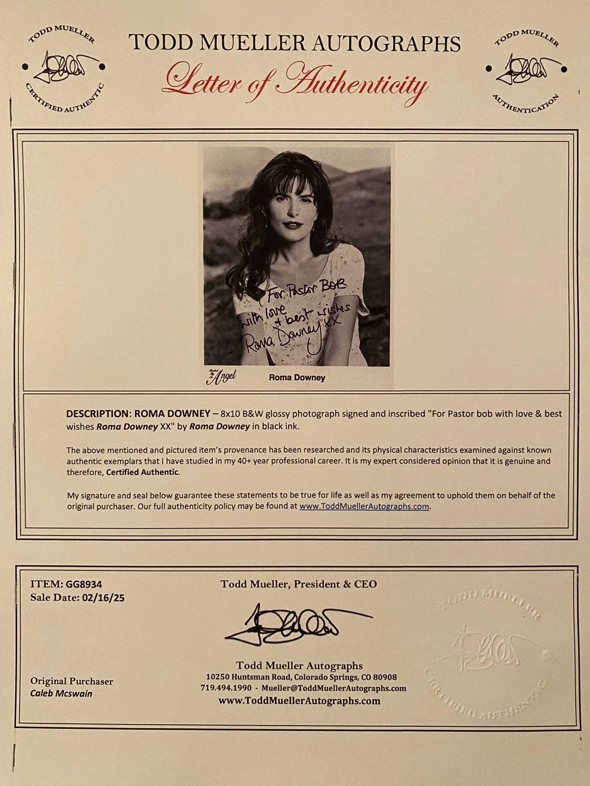 Roma Downey — Roma Downey Signed Autographed Photo With COA Touched By Angel Monica, изображение 4