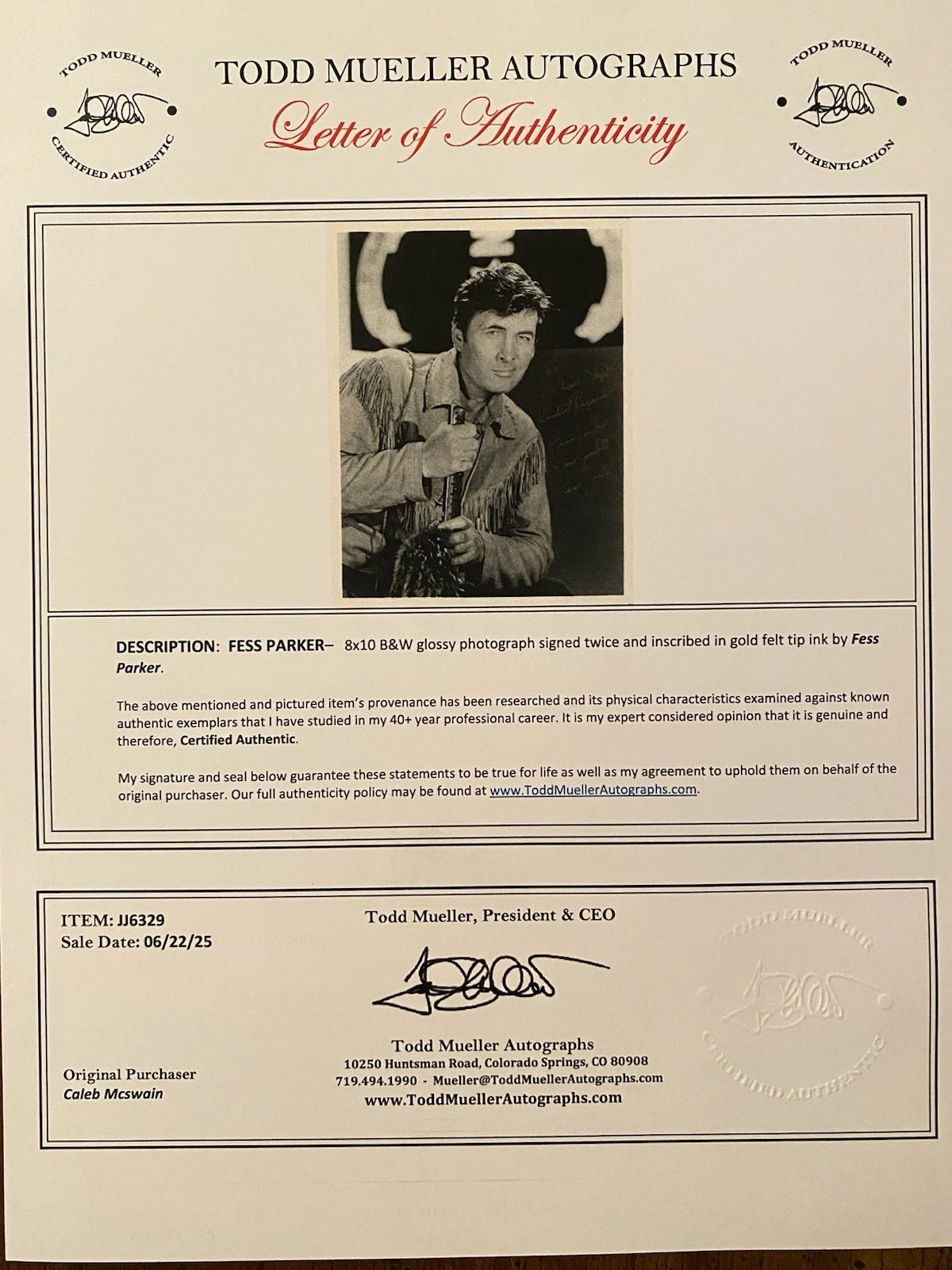 Fess Parker — Fess Parker Signed Autographed 8x10 Photo With COA Daniel Boone Davy Crockett, изображение 4