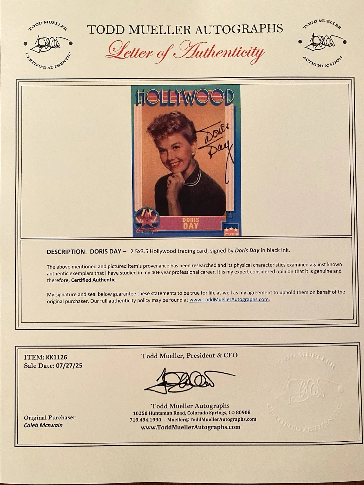 Doris Day — Doris Day Signed Autographed Hollywood Walk Of Fame Card With COA Singer Actress, изображение 4