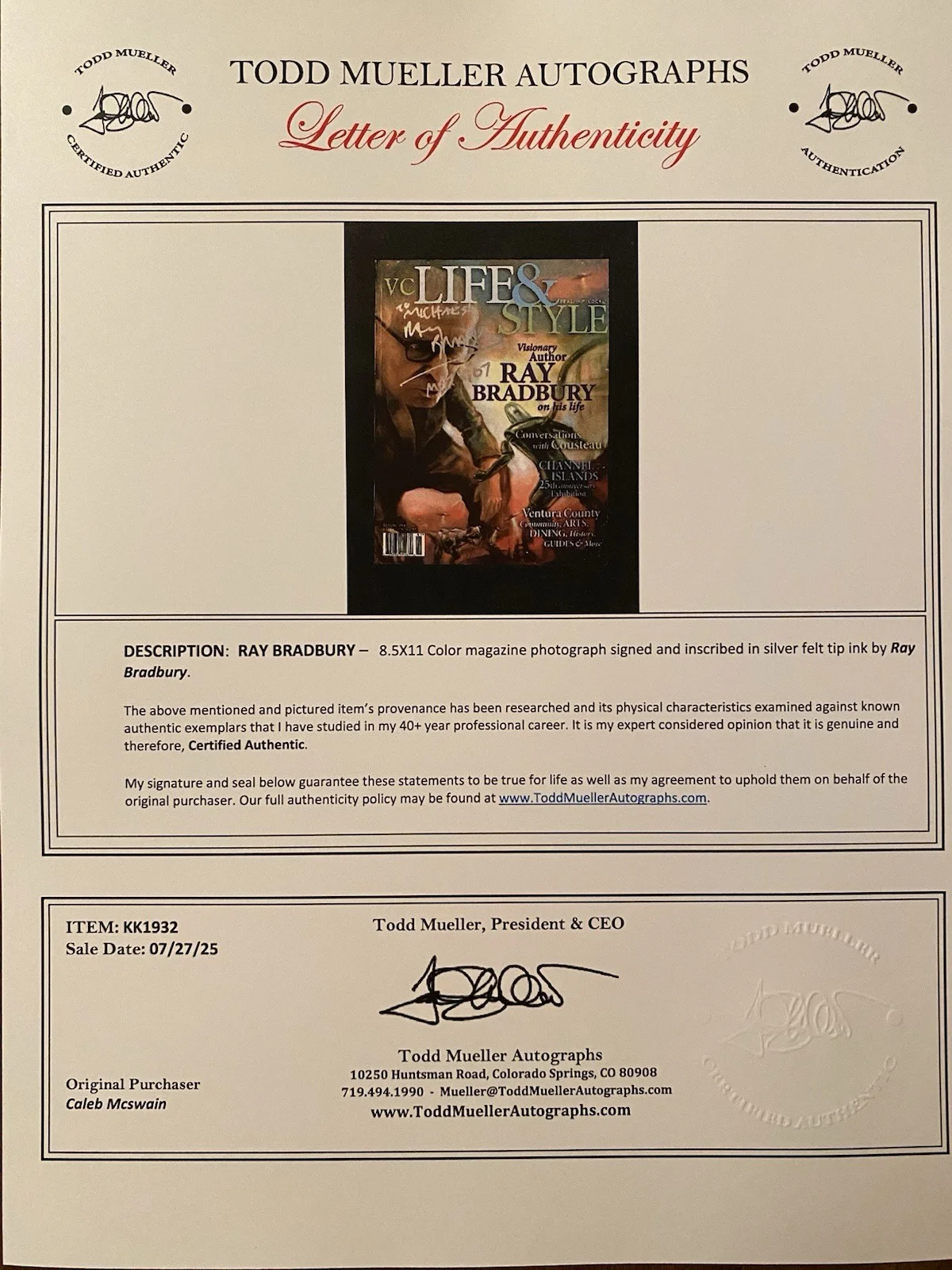Ray Bradbury — Ray Bradbury Signed Autographed Photo With COA Fahrenheit 451 Star Trek Author, image 4