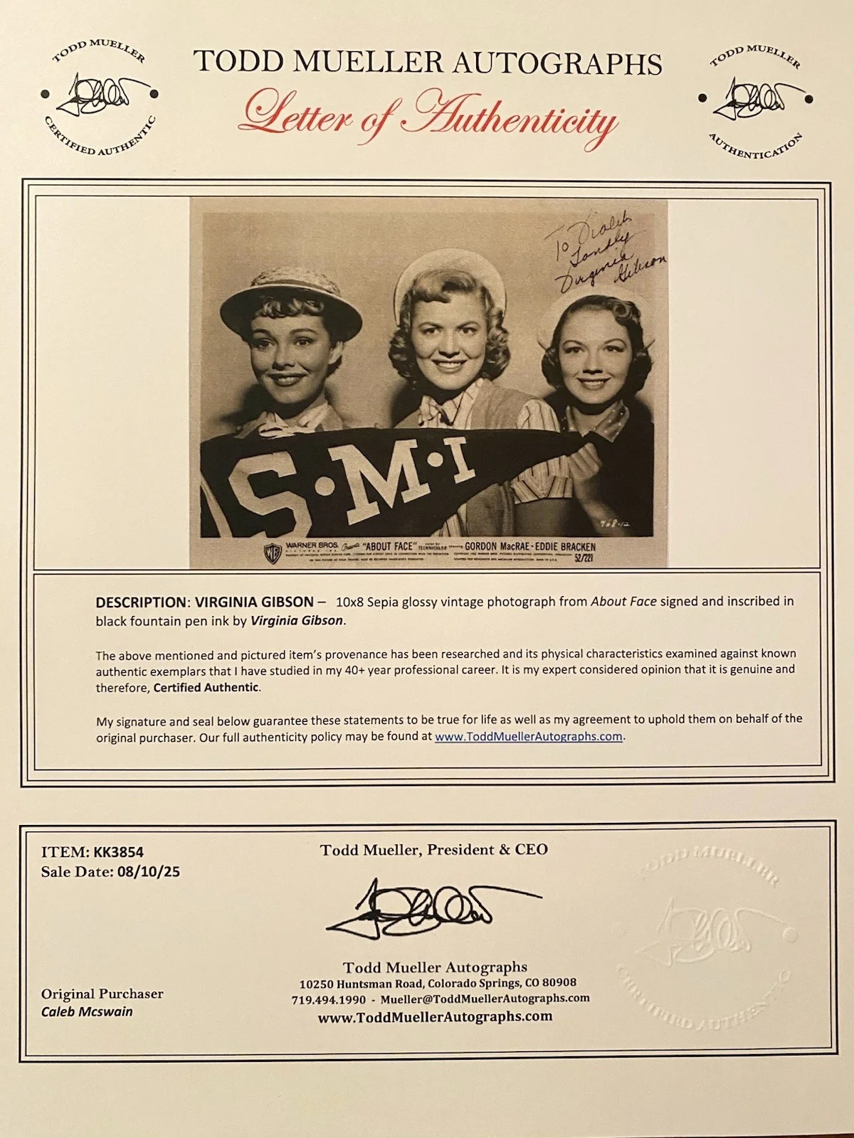 Virginia Gibson — Virginia Gibson Signed Autographed 10x8 Photo With COA About Face, изображение 4
