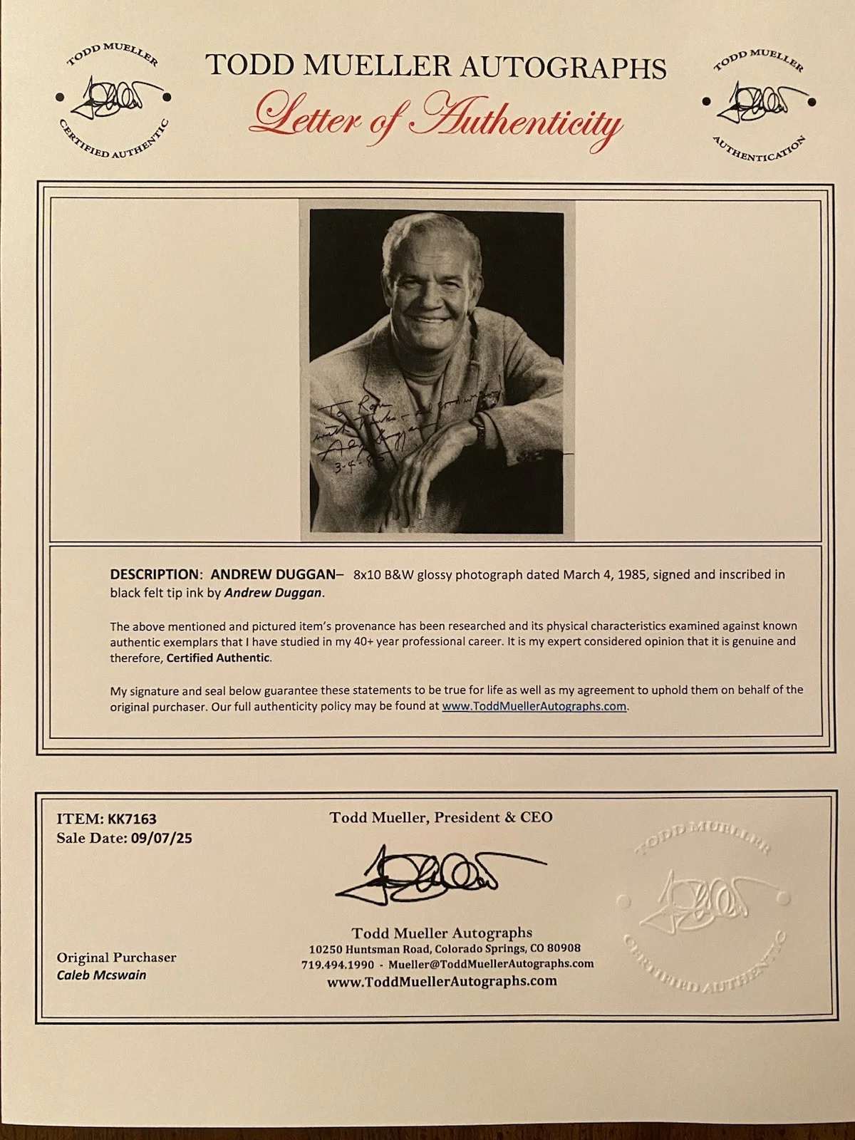 Andrew Duggan — Andrew Duggan Signed Autographed Photo With COA Lancer Gunsmoke Bonanza Bourbon, изображение 4