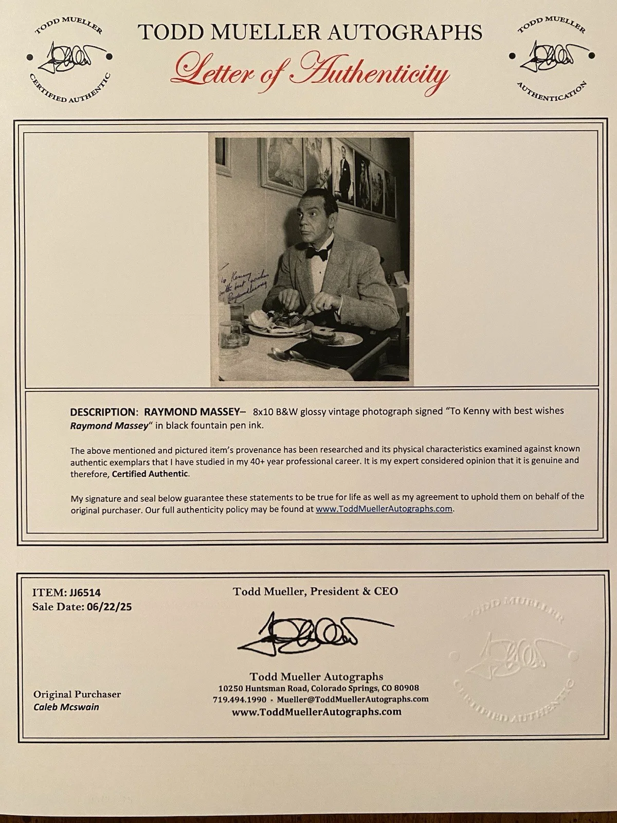 Raymond Massey — Raymond Massey Signed Autographed Photo With COA Arsenic And Old Lace Dr Kildare, изображение 4