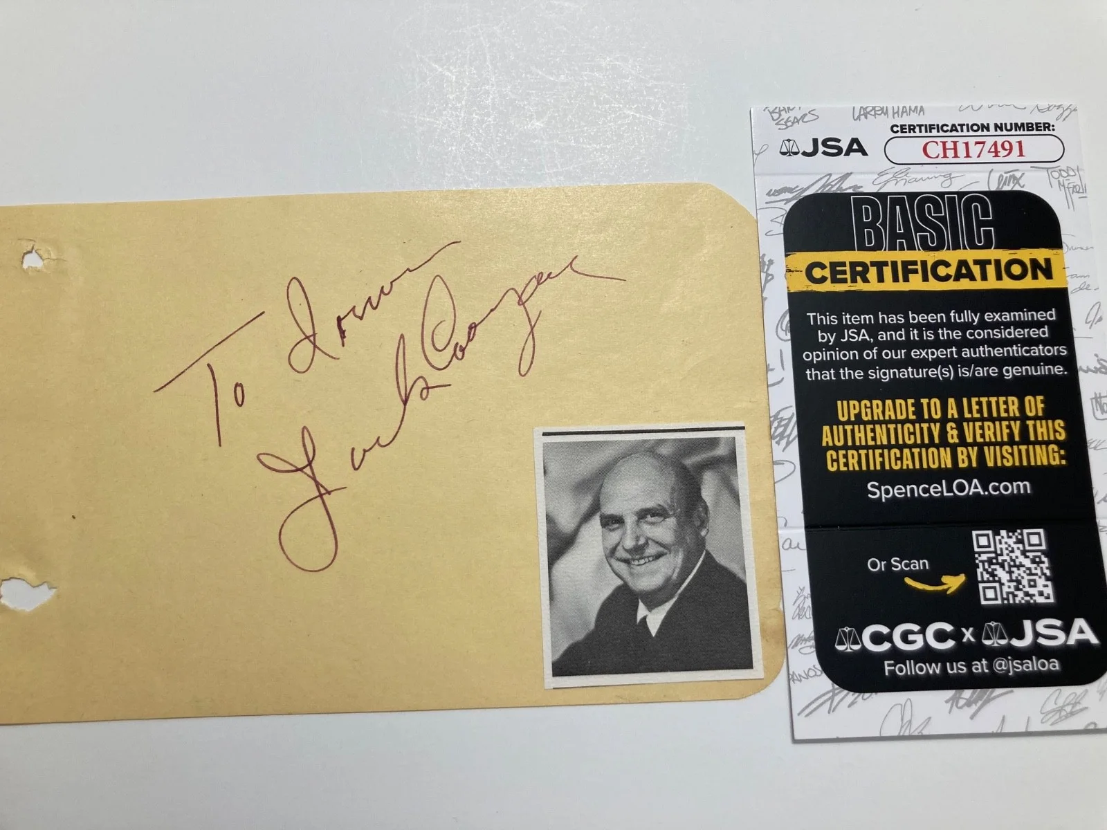 JACKIE COOGAN — JACKIE COOGAN signed 4x6 paper "UNCLE FESTER" in "THE ADDAMS FAMILY JSA#CH17491, изображение 2