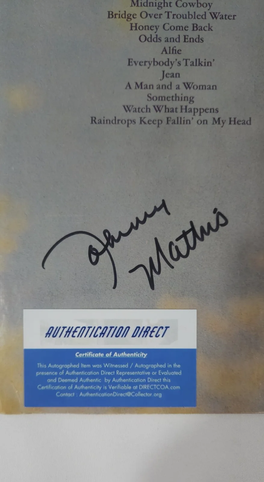 Johnny Mathis "Raindrops Keep Falling on My Head" 1970 COA Autographed E/E, image 2
