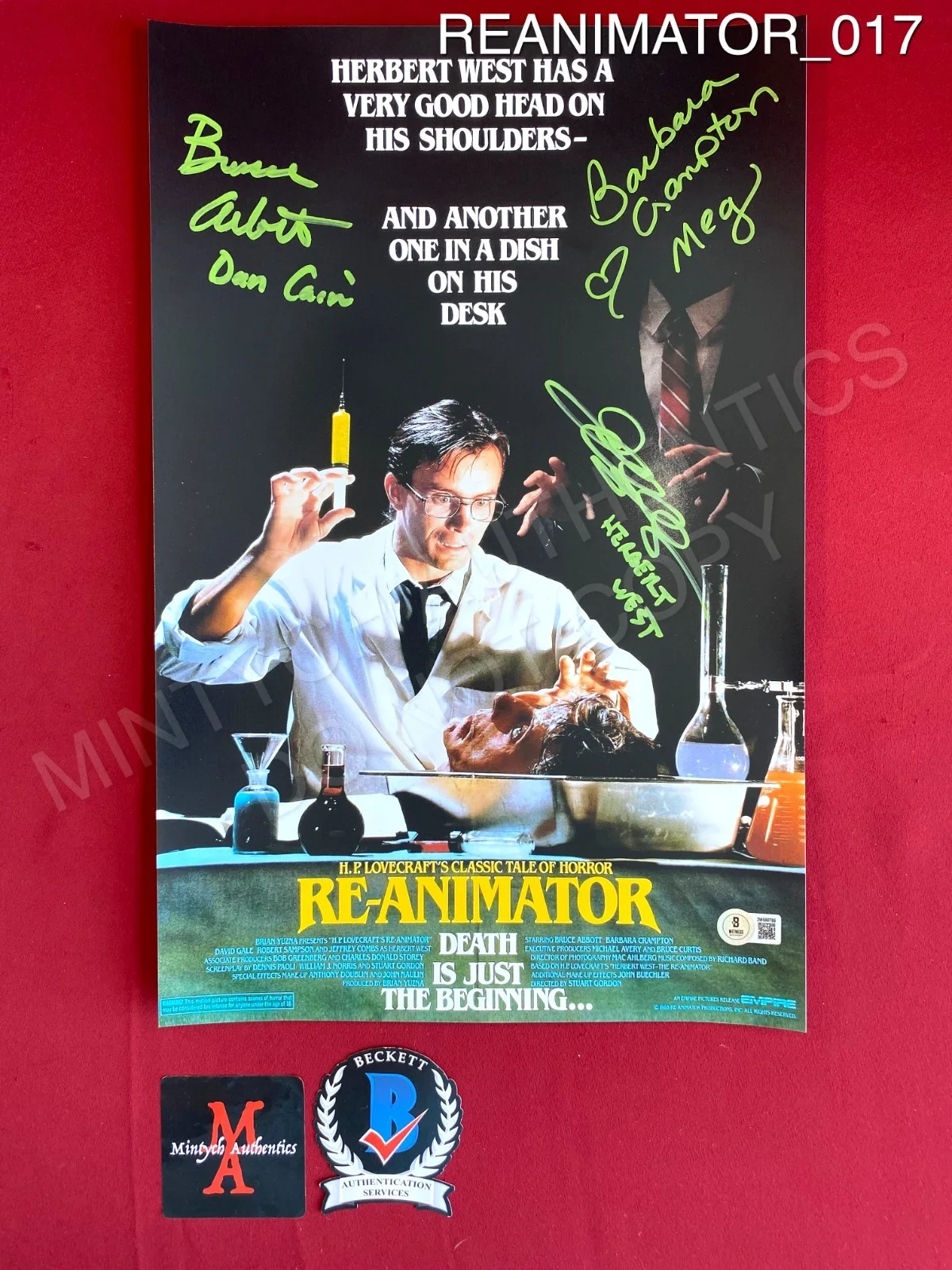 Bruce Abbott, Barbara Crampton, Jeffrey Combs — Re-Animator cast signed 11x17 photo Beckett Barbara Crampton Combs Abbott