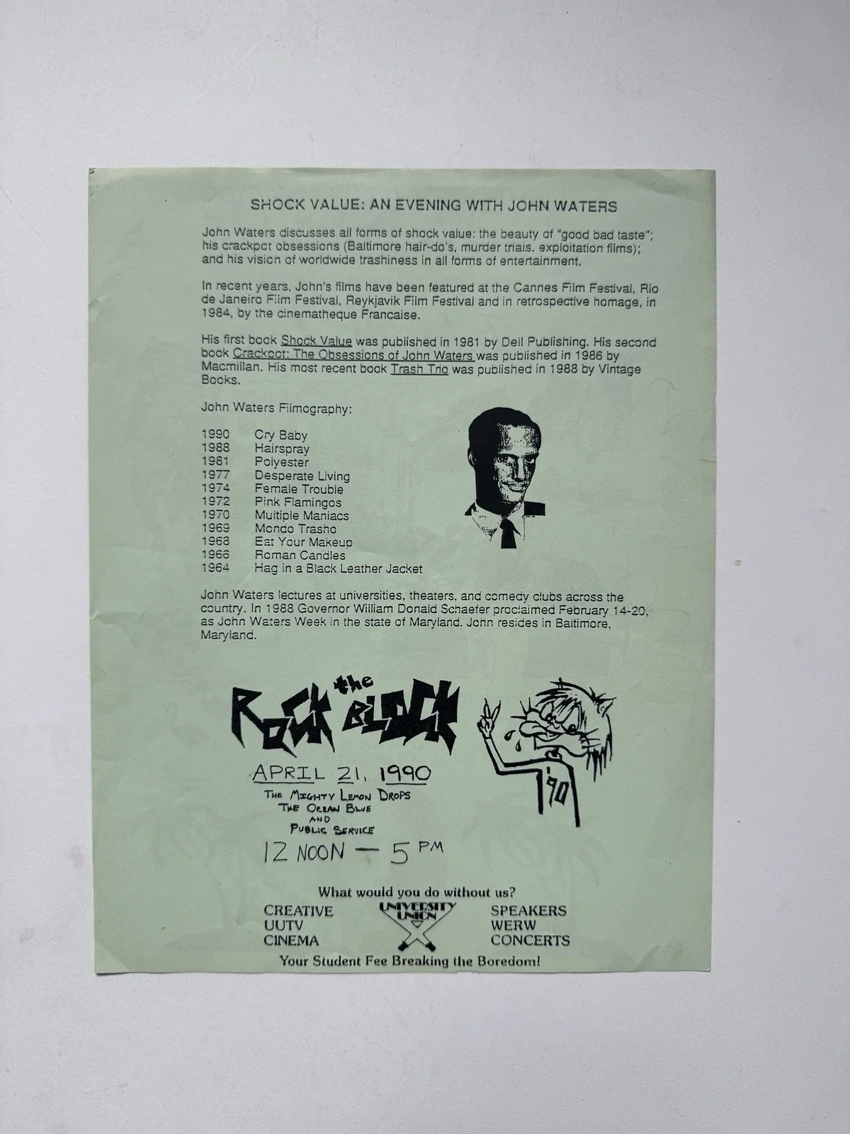 SIGNED John Waters Flyer Student Made Syracuse University 1990, image 2