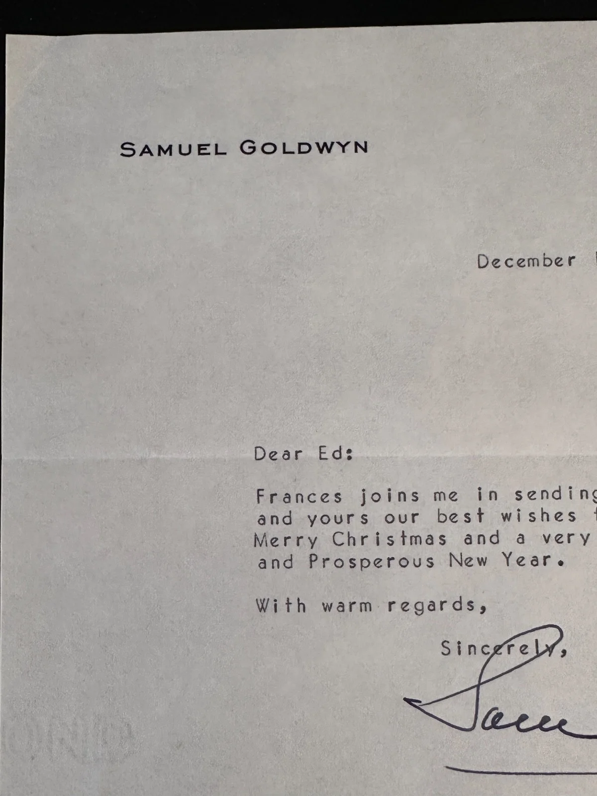 Samuel Goldwyn — SAMUEL GOLDWYN TLS - TYPED LETTER SIGNED wishing MERRY CHRISTMAS 12/15/1955, изображение 2