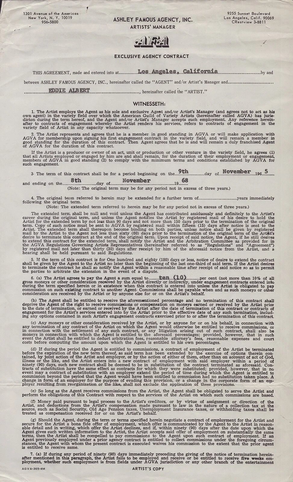 Eddie Albert — EDDIE ALBERT - DOCUMENT SIGNED 11/09/1965