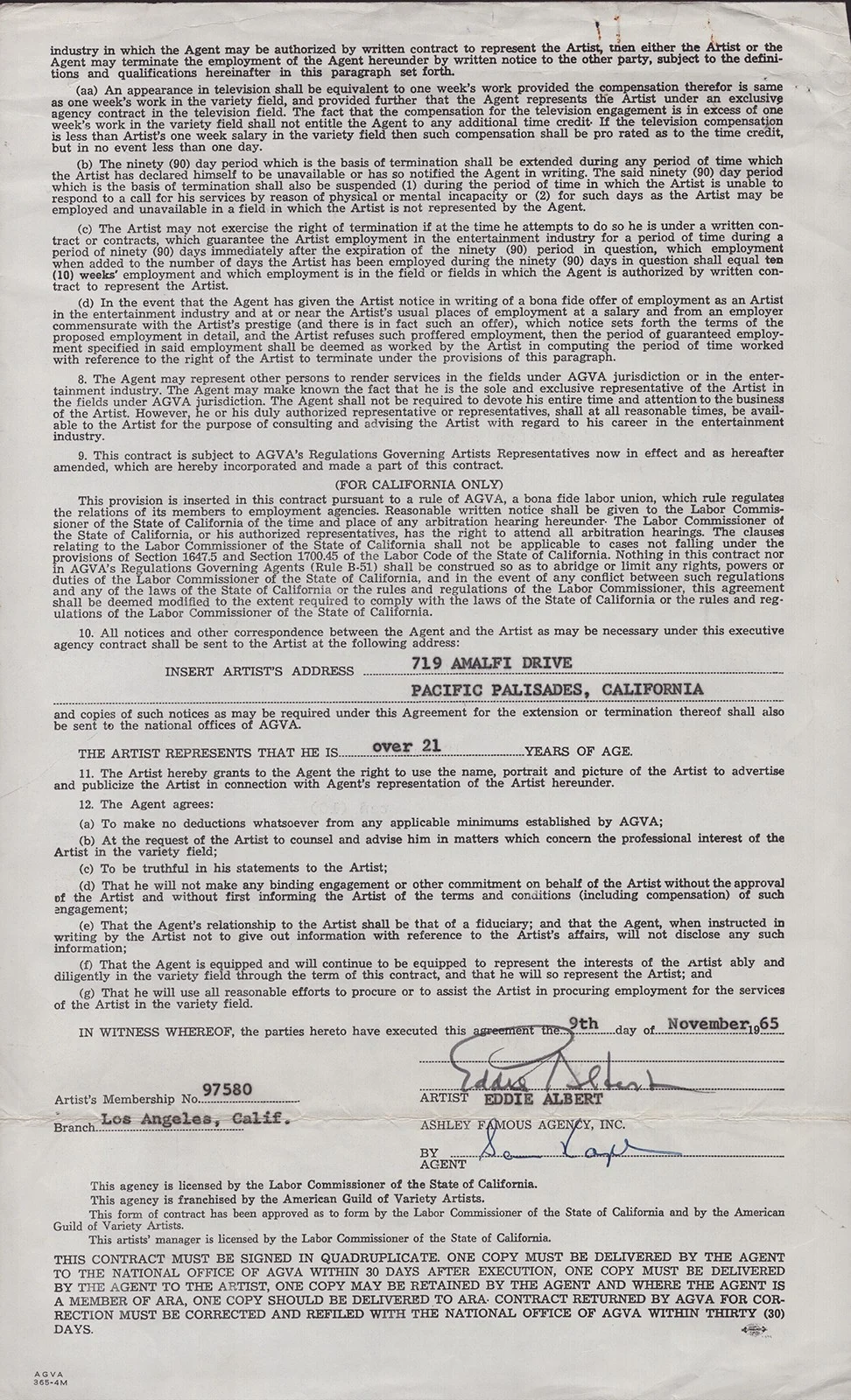 Eddie Albert — EDDIE ALBERT - DOCUMENT SIGNED 11/09/1965, image 2