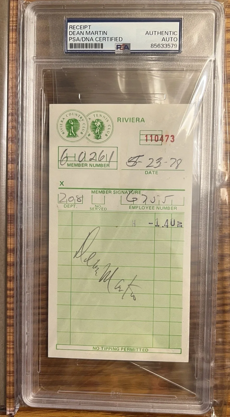 DEAN MARTIN PSA/DNA SIGNED RIVIERA COUNTRY CLUB RECEIPT & 8x10 PHOTO BEAUTIFUL, изображение 2