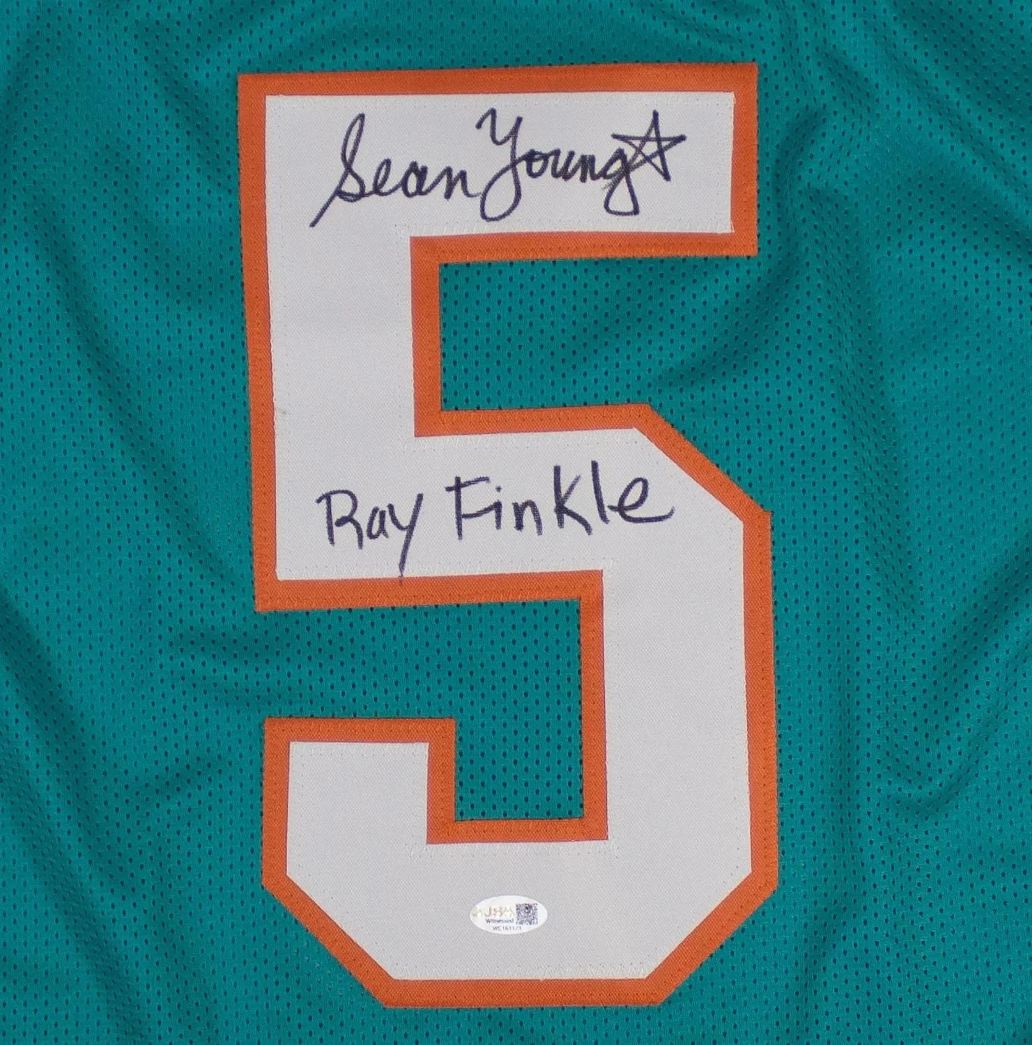 Sean Young / Lt. Lois Einhorn / Ray Finkle — Sean Young Signed Laces Out Jersey Insc "Ray Finkle" (JSA) Ace Ventura/ Dolphins, image 2