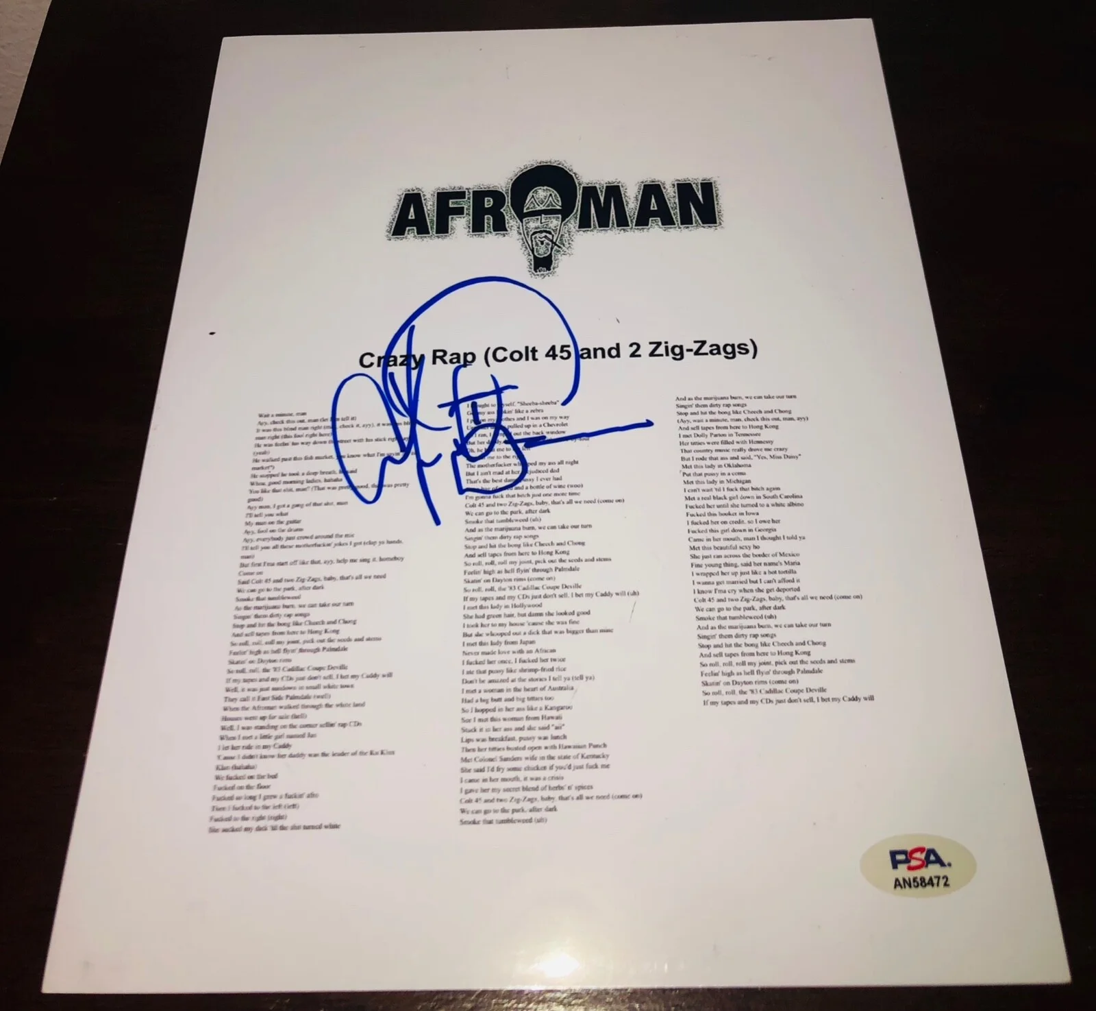Afroman Crazy Rap Colt 45 and Two Zig Zags Signed Lyric Sheet PSA RARE C