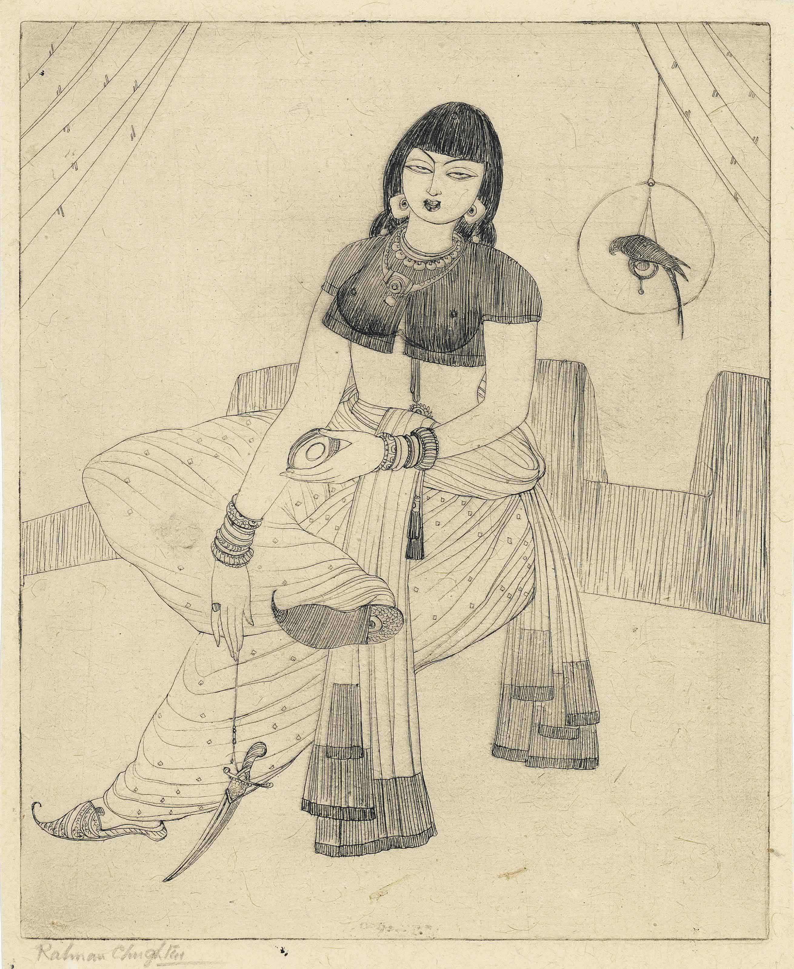 Abdur Rahman Chughtai — Без названия (Дама с попугаем в клетке)