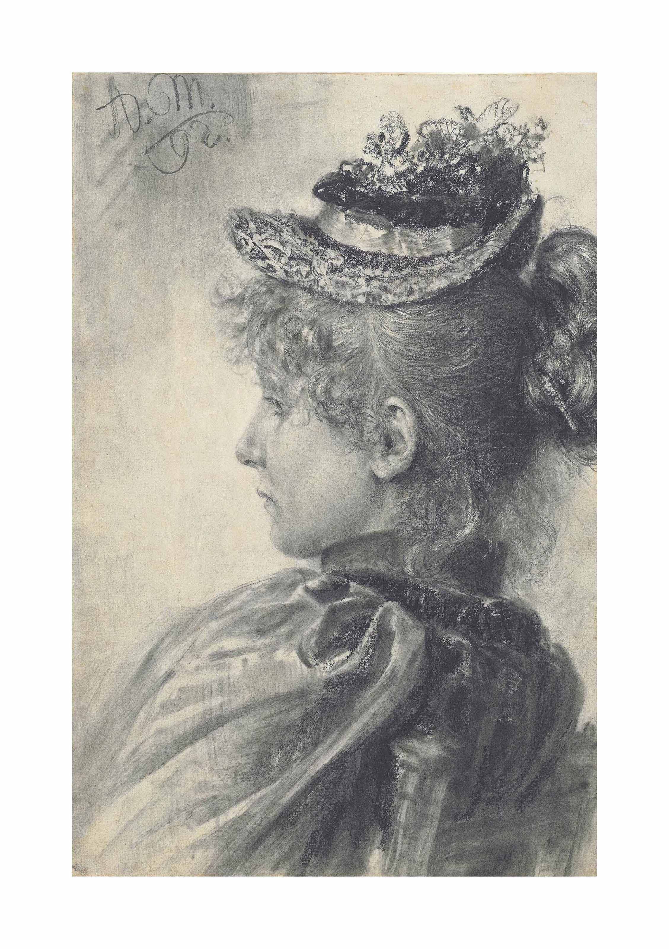 Adolph von Menzel — Молодая женщина, сидящая в профиль, во весь рост, в шляпе