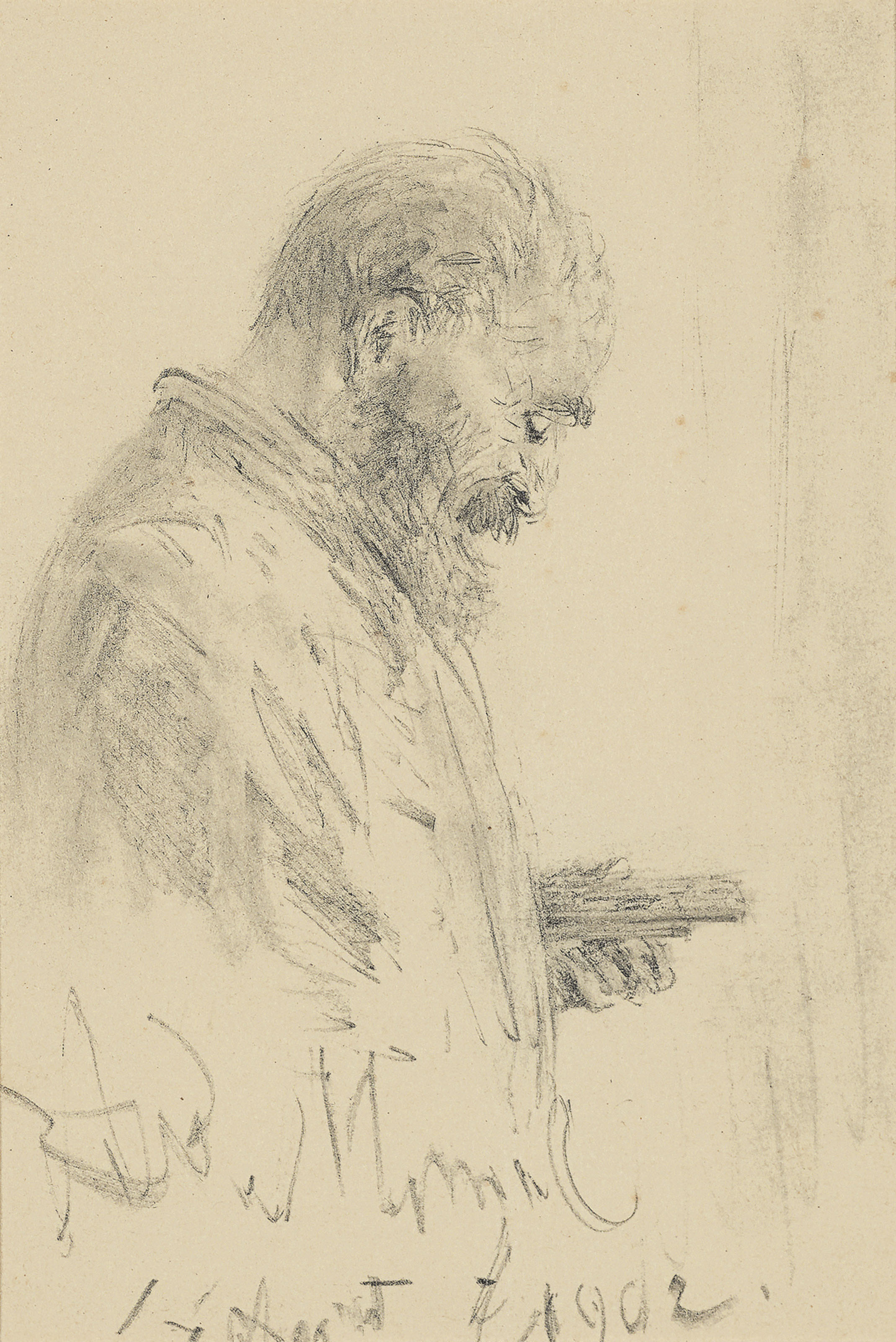 Adolph von Menzel — Портрет мужчины в профиль с блоком для рисования и карандашами