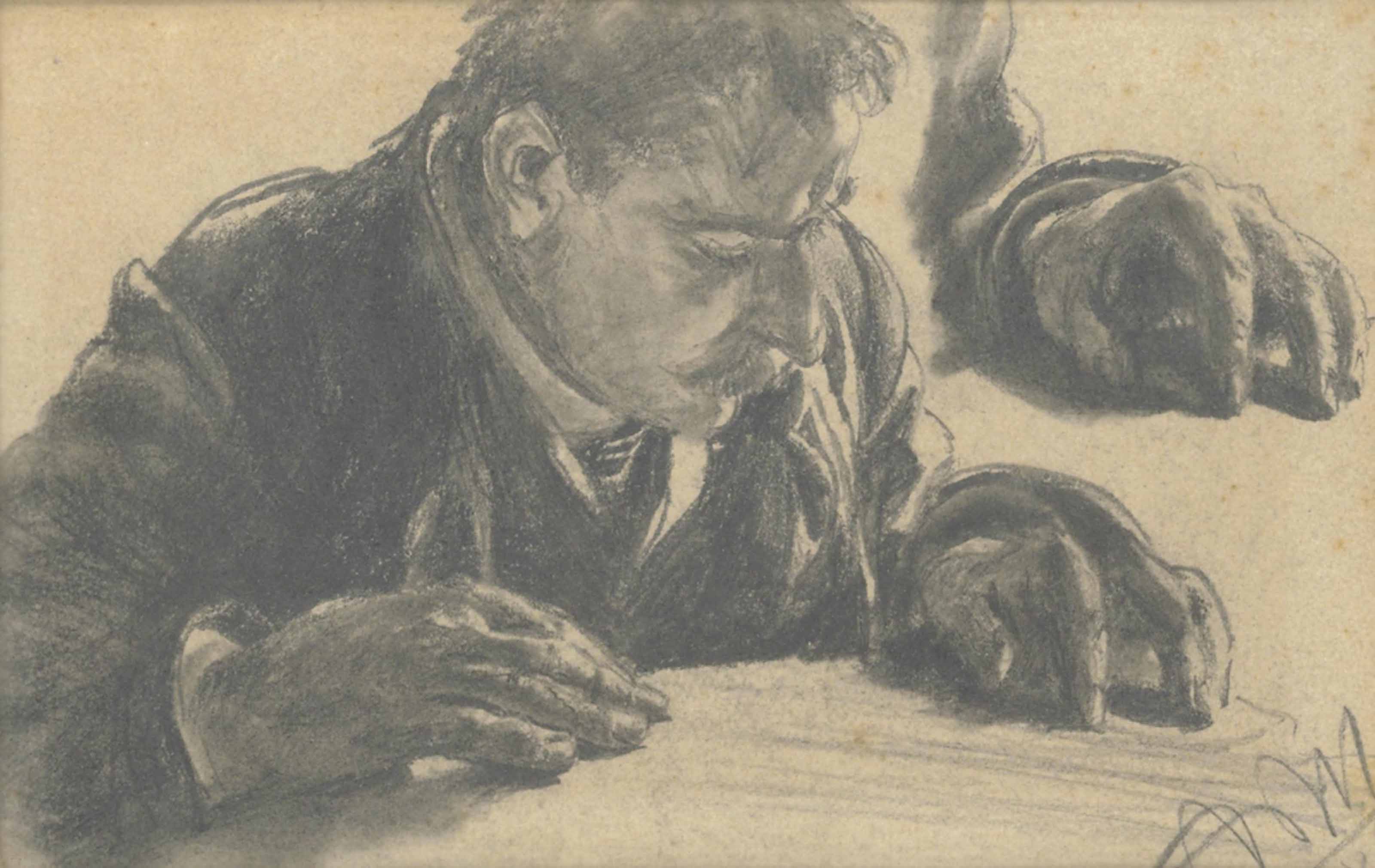 Adolph von Menzel — Мужчина читает, при этом он внимательно изучает свою левую руку