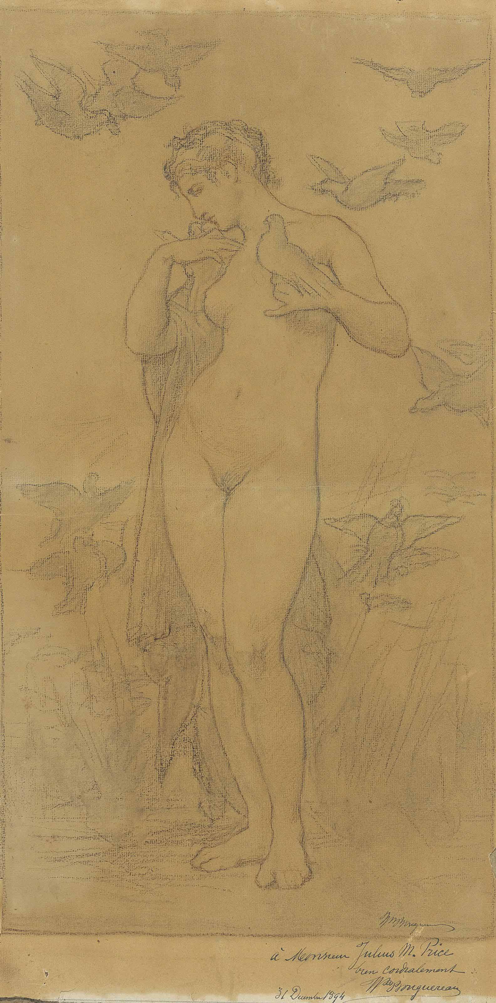 Adolphe William Bouguereau — Обнаженная женщина, стоящая в окружении голубей