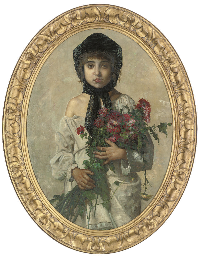 Adolphe William Bouguereau — Портрет молодой девушки в полный рост, в черной шляпке, с букетом полевых цветов в руках