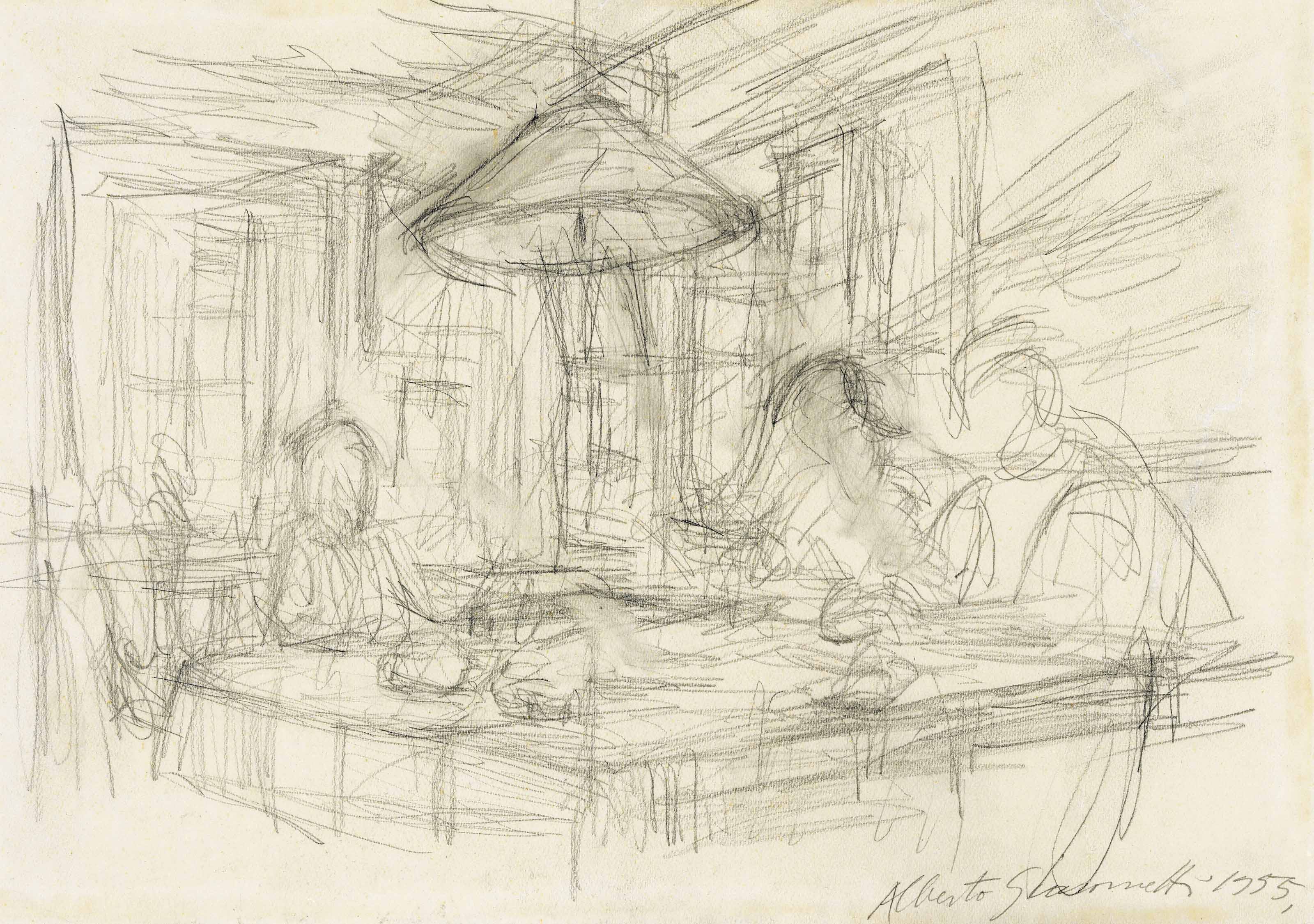 Alberto Giacometti — Трое персонажей рядом с лампой в Малохе